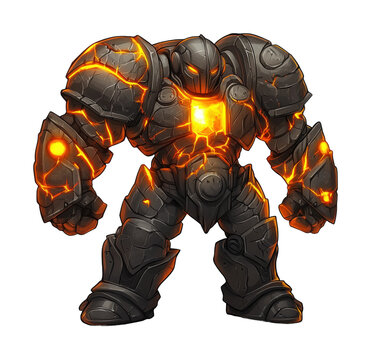 PNG Armored lava golem with glowing core and cracks