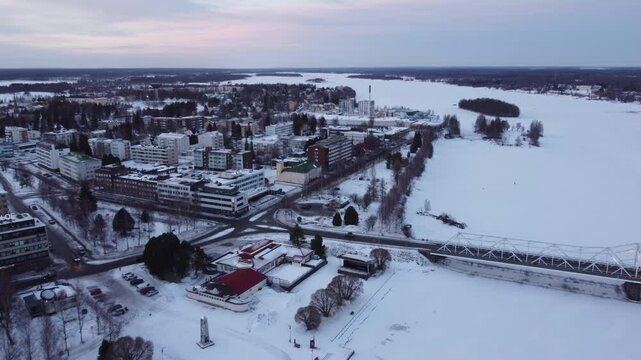 Tornio City In Winter Landscape In Pello, Lapland, Finland. Aerial Drone Shot