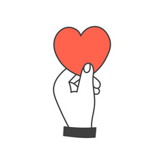 Tiny Heart in Fingers Icon. Minimal Hand Gesture holding small red Love symbol. Tenderness Care Gratitude Appreciation Vector illustration Doodle