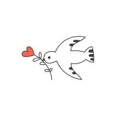 Obraz premium Peace Dove Carrying Heart Branch illustration. Symbolic sketch of flying Bird with Flower and leaf. Love and Gratitude Icon. Vector doodle
