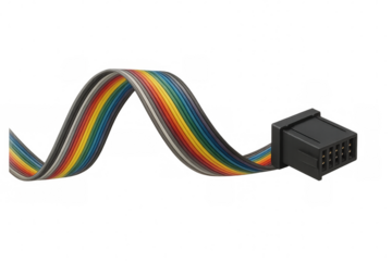 Wavy ribbon cable with connector linking electronic parts, ideal for technology and connectivity visuals on transparent background