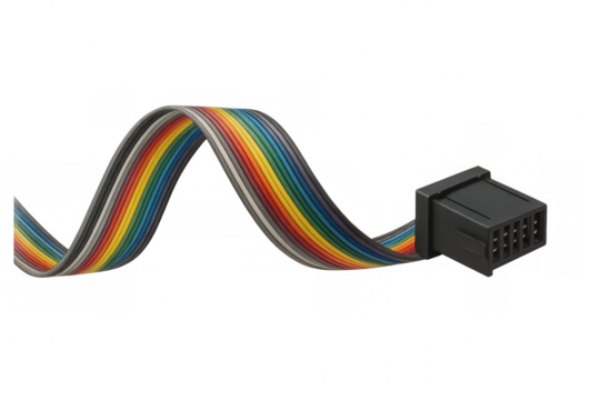 Wavy ribbon cable with connector linking electronic parts, ideal for technology and connectivity visuals on transparent background