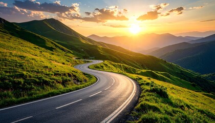 Road leading through scenic mountains under a cloudy summer sky