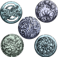 ornate metal button set sketch hand drawn vector