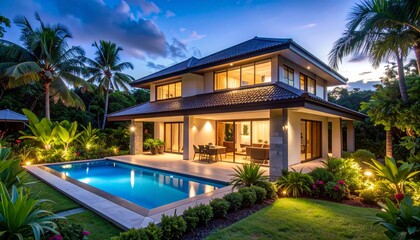 Fototapeta premium Luxury tropical resort hotel pool with palm trees and modern architecture
