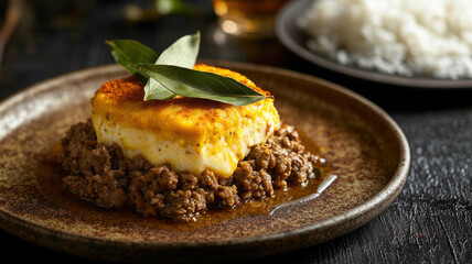 Traditional South African bobotie stew on rustic plate with bay leaves and ground beef.