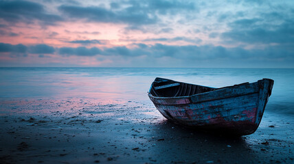 Naklejka premium Abandoned boat on a misty beach at dawn