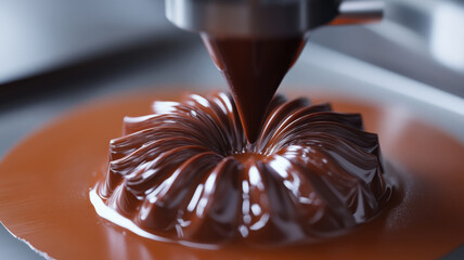 Close-up of chocolate being poured into intricate mold for confectionery design.