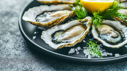 Fresh oysters on ice with lemon and dill garnish.