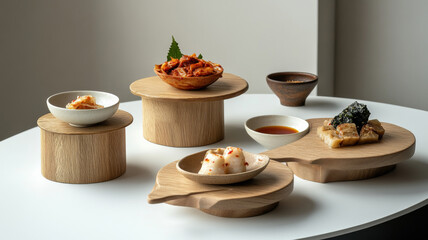 Assorted traditional korean side dishes on wooden stands in minimalist setting.