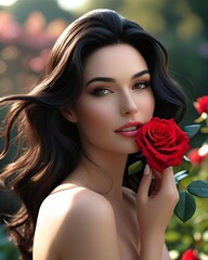 a Beautiful Royal Princess are Holding a Red Rose. Woman Illustration. Women portrait. 