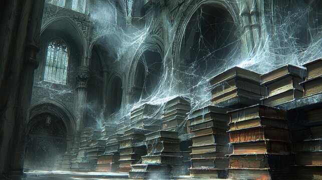 Abandoned Library Filled with Dust and Spider Webs in Gothic Style