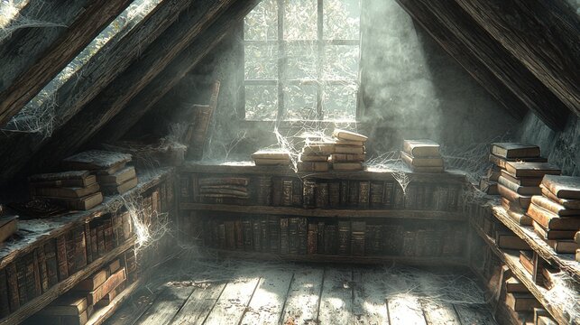 Dusty attic with old books and cobwebs illuminated by sunlight