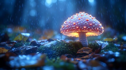 Illuminated amanita mushroom under rain in a forest high resolution image