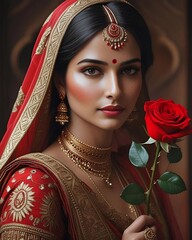 a Beautiful Royal Princess are Holding a Red Rose. Woman Illustration. Women portrait. 