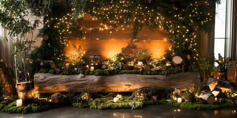 Obraz premium Woodland setup with natural logs moss and foliage