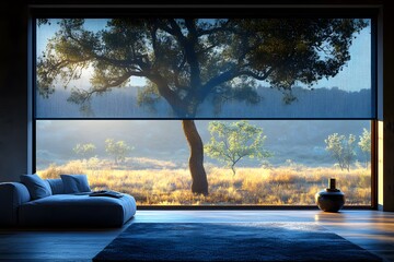 Serene Sunrise View from Modern Living Room with Oak Tree and Scenic Landscape