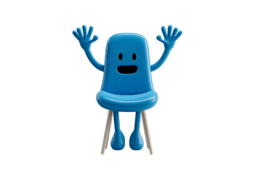 Blue chair cartoon character with arms up isolated on black background art on transparent background