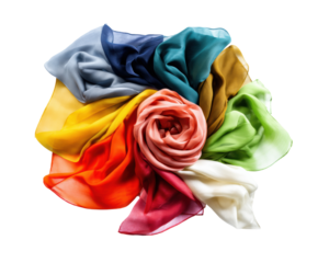 Colorful silk scarves arranged in a spiral pattern for design projects on a transparent background, cut out