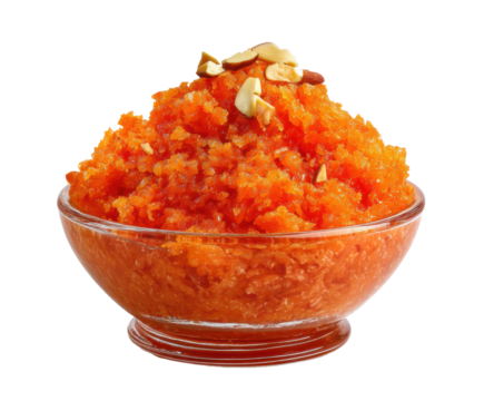 Festive carrot halwa dessert topped with nuts on a transparent background, cut out