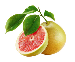 Fresh grapefruit with vibrant leaves showcasing natural beauty on a transparent background, cut out