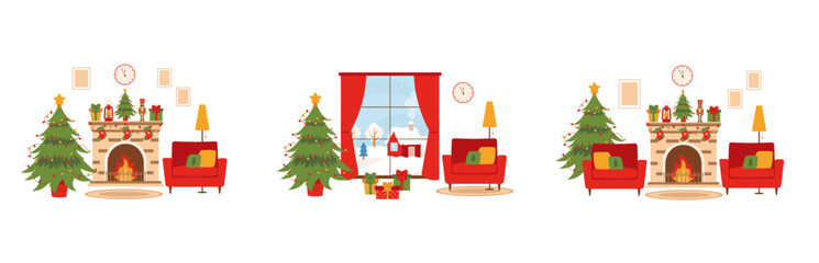 Christmas interior set. Living room with window, fireplace, christmas tree and armchair. Christmas festive atmosphere.