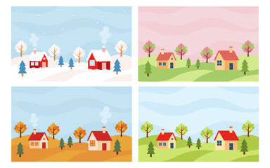 Naklejka premium Season landscape set. Four season scenery with village. Backgrounds with winter, spring, summer and autumn season.