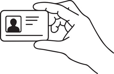 Hand holding an identification card simple black and white line drawing vector illustration