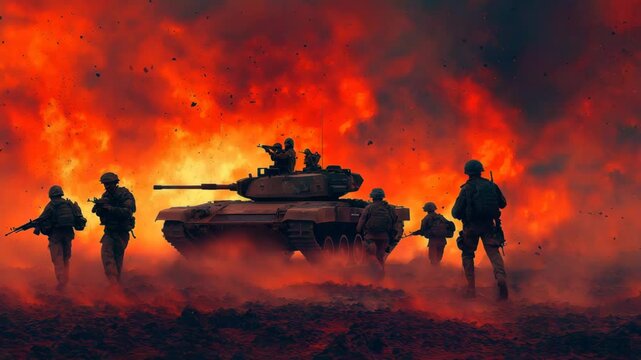 Many soldier army moving with arms, War Zone, Tank