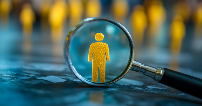 Magnifying Glass Focus on Yellow Human Icon for Customer Relationship Management and Recruitment