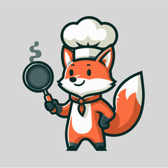 Fox Mascot Holding A Pan Wearing a Chefs Hat, Cute Vector Mascot