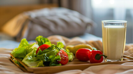 Close-up of vibrant fresh salad with leafy greens, cherry tomatoes, and cucumber slices beside a glass of warm milk on a rustic wooden nightstand, natural morning light streaming through window