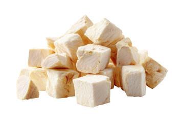 Pile of freeze dried chicken breast cube,for pets food isolated on transparent background.