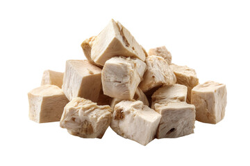 Pile of freeze dried chicken breast cube,for pets food isolated on transparent background.