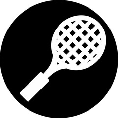 Line art illustration of a tennis racket with tight, crisscrossed strings and a comfortable grip handle. Black icon.