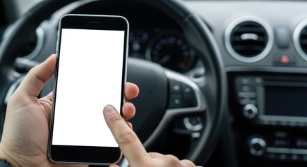 Smartphone with blank screen held in car interior showing mobile technology and navigation concept