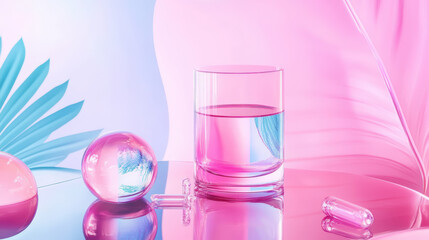 3D Collagen Serum Composition. A 3D collagen serum composition with a glass of water and capsules, presented in a dreamy pink and blue setting.
