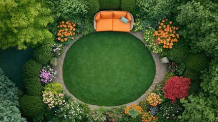 Aerial view of a circular lawn surrounded by a vibrant, flowering garden, featuring an orange couch