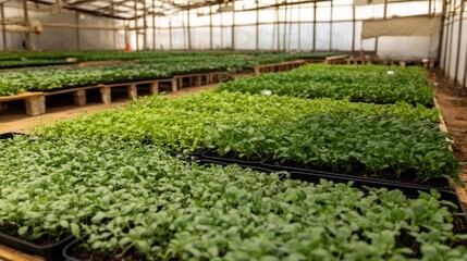 Greenhouse Nursery: Rows of vibrant green seedlings thriving under glass.