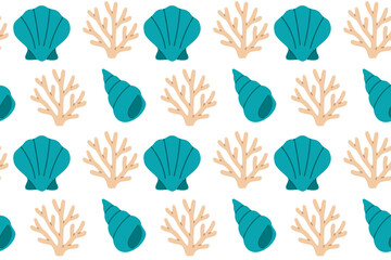 Seamless pattern featuring teal scallop shells, coral, and underwater plants in a clean marine color palette