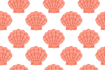 Seamless pattern with large pink scallop shells on a white background, great for beach, summer, and feminine-themed designs