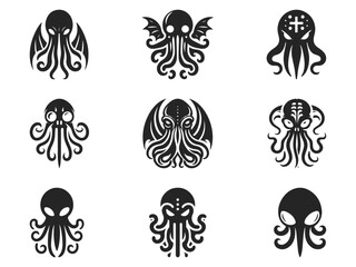 Monochrome Minimalist Cthulhu Symbol – Abstract Black and White Line Art Icon