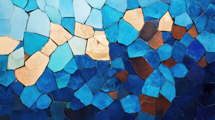 Mosaic pattern of broken, vibrant blue and light brown tiles.