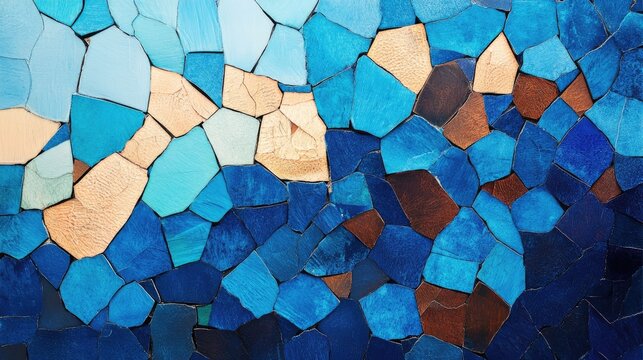 Mosaic pattern of broken, vibrant blue and light brown tiles.
