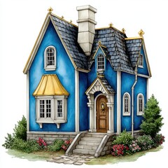 Obraz premium Charming Two Story House with Blue Facade Dark Gray Shingle Roof and Manicured Garden