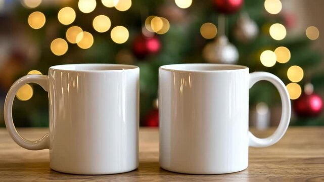 Christmas Mug Mock-Up. Two minimalistic white mugs. Blank white ceramic cups on a desk surface, beautiful warm bokeh lights blurred background. For overlaying your custom quotes, designs for selling.