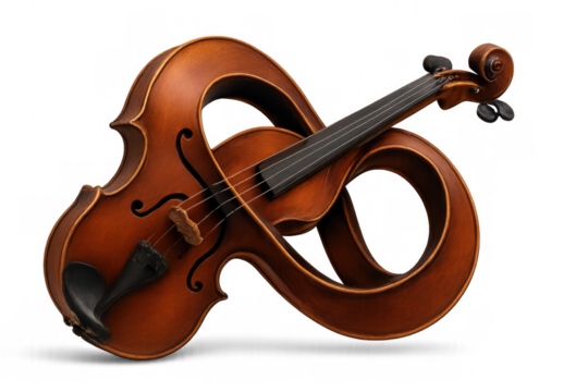 Wooden violin curving into infinity shape, symbolizing boundless musical potential against transparent backdrop
