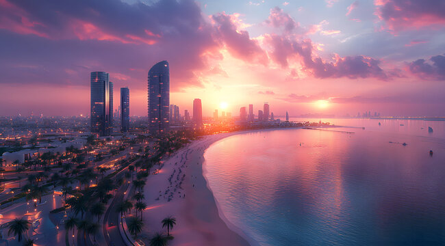 A stunning aerial view of Doha featuring modern skyscrapers, a waterfront promenade, a curved sandy beach with palm trees, and the sea under a vibrant sunset sky.
