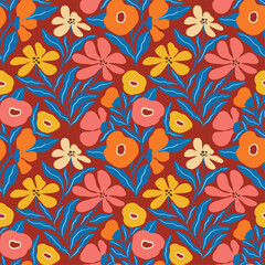 Seamless vector pattern with bright, colorful flowers on a vivid red background. Bold floral design perfect for fabric, gift wrap, wallpaper, stationery, and festive decorative projects.