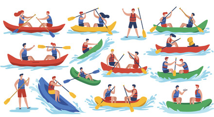 Colorful canoes and kayaks with people paddling on water summer outdoor activity